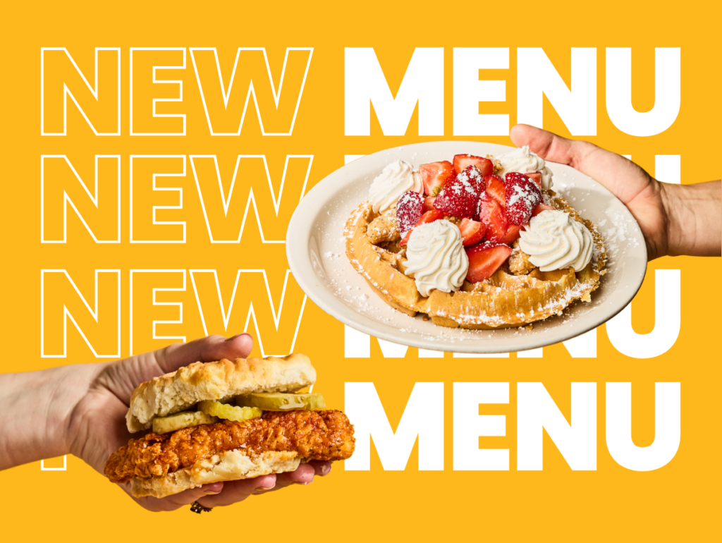 NEW MENU - hands holding Chicken Biscuit, Chicken and Waffle